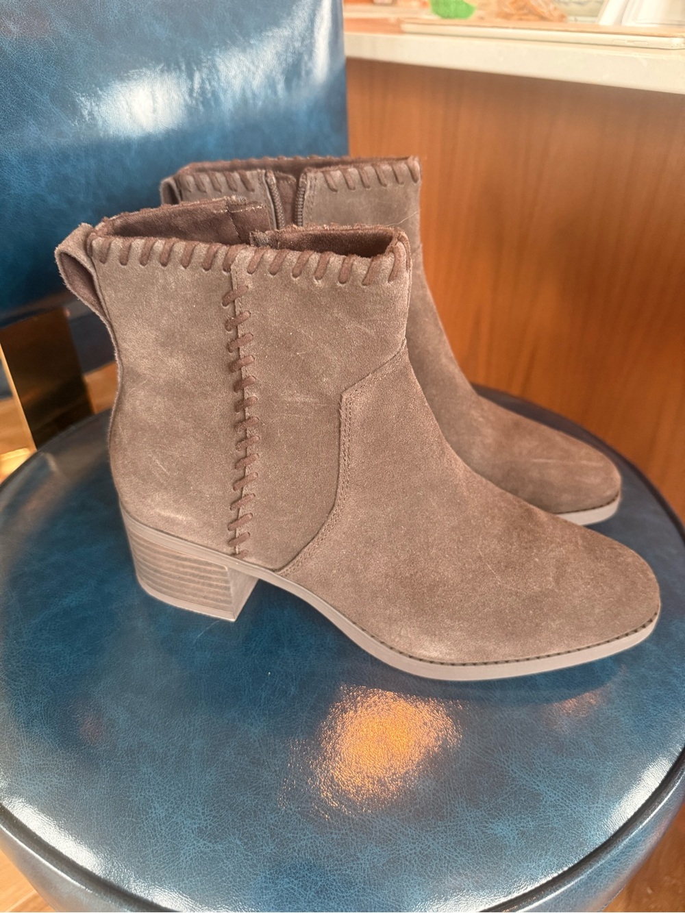 Toms Taupe Suede Ankle Booties with Whipstitch Detail
